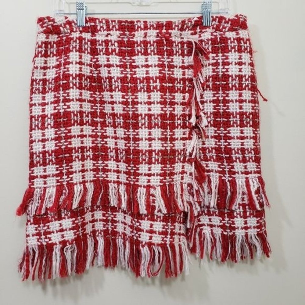 Fitelle Nwt Women Skirt Red‎ White Plaid Fringe Tweed Boucle Mini Skirt Size 12